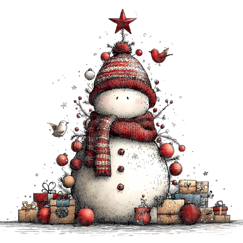 Christmas snowman wearing knit hat and scarf surrounded by wrapped gifts and red ornaments, Grey Barn Handwerk, Saskatchewan.